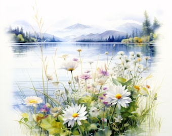Lake and Wildflowers Clipart, Nature Landscape Images, 10 Watercolor Clip Art, Printable JPGs, Instant Download, Commercial Use, Paper craft