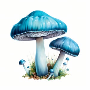 Clipart lunatique de champignons, images de champignons bleus, 10 images clipart aquarelle, fichiers JPG imprimables, téléchargement immédiat, usage commercial, créations en papier