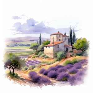 Clipart Provenza Francia, Immagini di paesaggi provenzali, 10 clipart acquerelli, JPG stampabili, Download immediato, Uso commerciale, Artigianato di carta