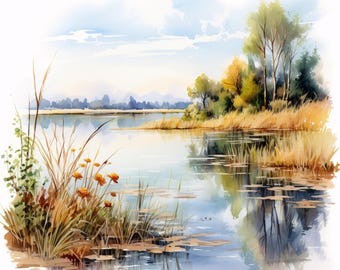 Watercolor Lake Landscape Clipart: Nature Scene JPGs (Commercial Use, Digital Download