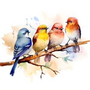 Pássaros em galhos clipart, imagens de pássaros da primavera, 10 aquarela clip art, JPGs para impressão, download instantâneo, uso comercial, artesanato em papel
