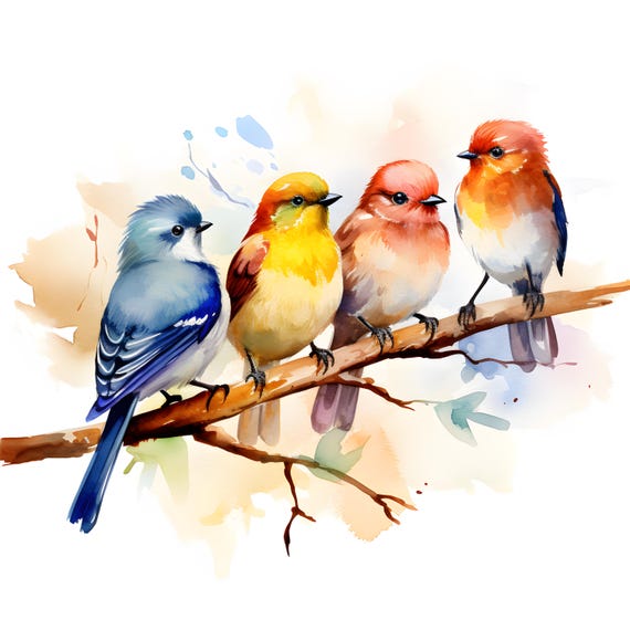 水彩画の鳥のクリップアート：春の鳥の画像（JPG 即時ダウンロード