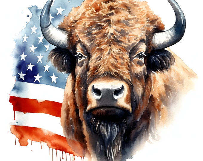 Patriotic Buffalo Clipart, Buffalo with Usa Flag Images, 10 Watercolor Clip Art, Printable JPGs, Instant Download, Commercial Use