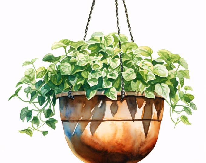 Hanging Plant Clipart, Greenery Pot Images, 10 Watercolor Clip Art, Printable JPGs, Instant Download, Commercial Use, Paper craft