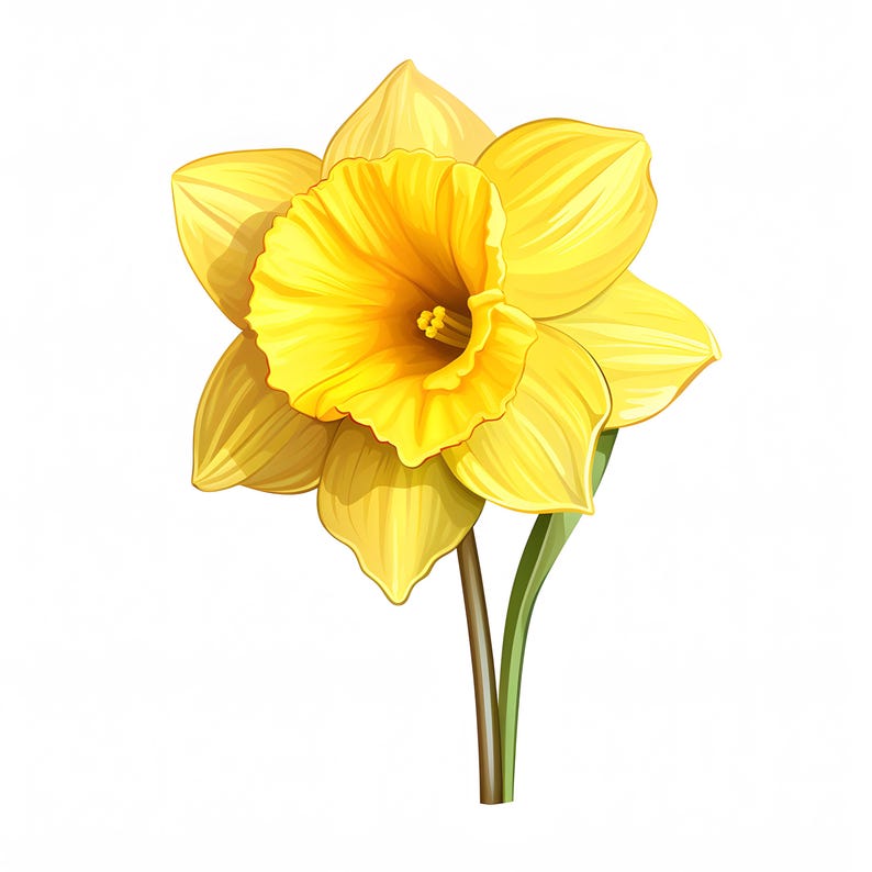 Op de afbeelding: Een enkele gele narcis met een lange groene stengel. De bloem heeft zes bloemblaadjes en een trompetvormig centrum.