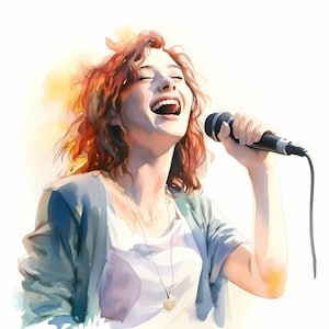 Clipart di donna che canta, immagini di donna con microfono, 10 clipart ad acquerello, JPG stampabili, download istantaneo, uso commerciale, creazione di carta