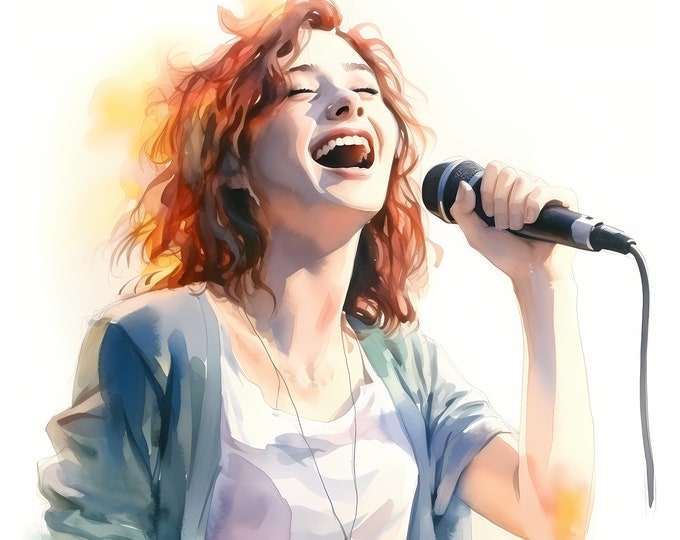 Woman Singing Clipart, Woman with Microphone Images, 10 Watercolor Clip Art, Printable JPGs, Instant Download, Commercial Use, Paper craft