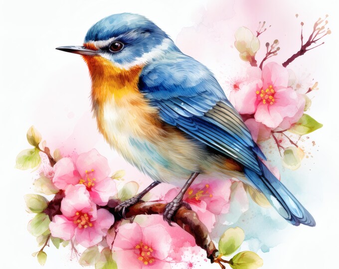 Bluebird with Flowers Clipart, Spring Bird Images, 10 Watercolor Clip Art, Printable JPGs, Instant Download, Commercial Use, Paper craft
