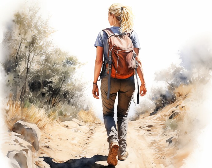 Woman Hiking Clipart, Mountain Hiking Images, 10 Watercolor Clip Art, Printable JPGs, Instant Download, Commercial Use, Paper craft