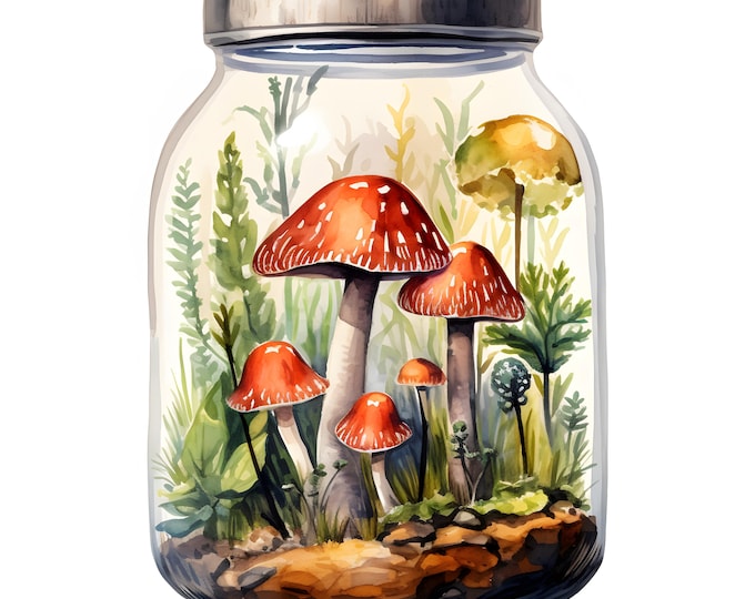 Mushroom Terrarium Clipart, Jar and Mushrooms Images, 10 Watercolor Clip Art, Printable JPGs, Instant Download, Commercial Use, Paper craft