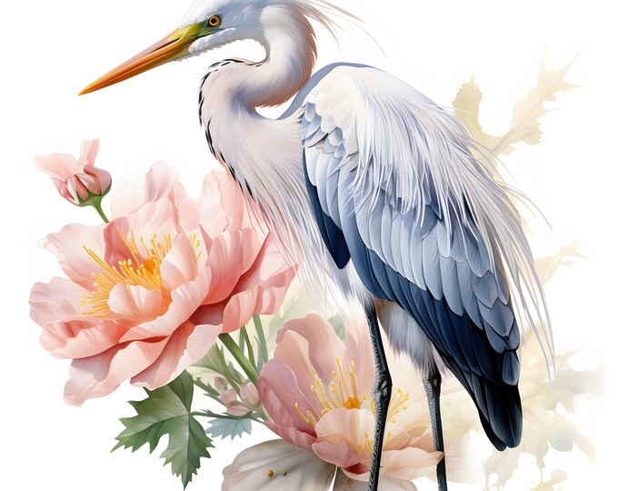 Heron With Peonies Clipart, Flowers Heron Images, 10 Watercolor Clip Art, Printable JPGs, Instant Download, Commercial Use, Paper craft