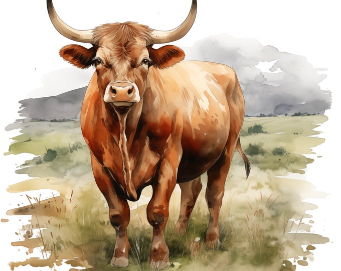 Farm Bull Clipart, Bull Images, 10 Watercolor Clip Art, Printable JPGs, Instant Download, Commercial Use, Paper craft