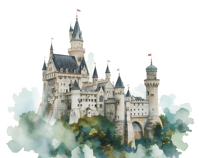 Castle Clipart, Castle On Hill Images, 10 Watercolor Clip Art, Printable JPGs, Instant Download, Commercial Use, Paper Craft