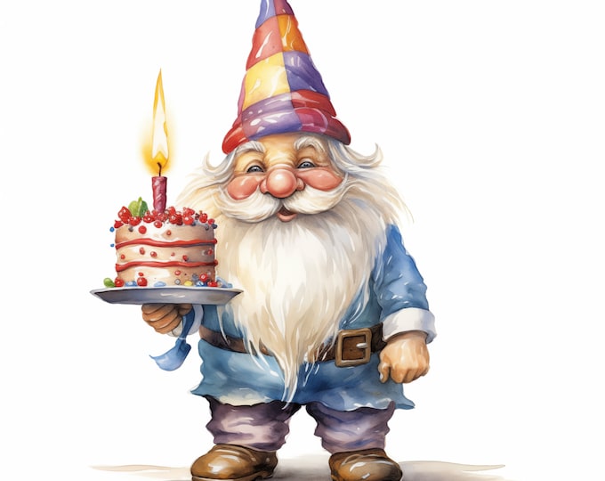 Birthday Gnome Clipart, Gnome with Cake Images, 10 Watercolor Clip Art, Printable JPGs, Instant Download, Commercial Use, Paper craft