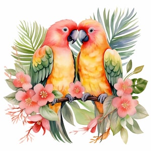 Paradise Birds Clipart, Bird Couple Images, 10 Watercolor Clip Art, Printable JPGs, Instant Download, Commercial Use, Paper craft