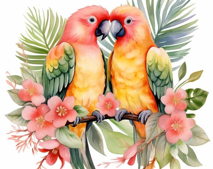 Paradise Birds Clipart, Bird Couple Images, 10 Watercolor Clip Art, Printable JPGs, Instant Download, Commercial Use, Paper craft