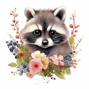 Raccoon Clipart, Raccoon with Flowers Images, 10 Watercolor Clip Art, Printable JPGs, Instant Download, Commercial Use, Paper craft