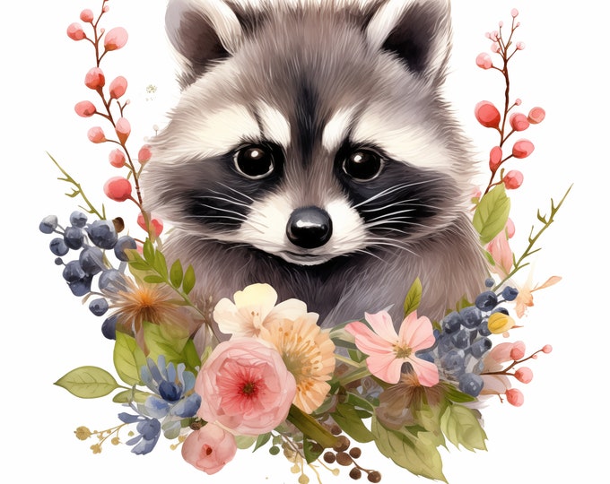 Raccoon Clipart, Raccoon with Flowers Images, 10 Watercolor Clip Art, Printable JPGs, Instant Download, Commercial Use, Paper craft