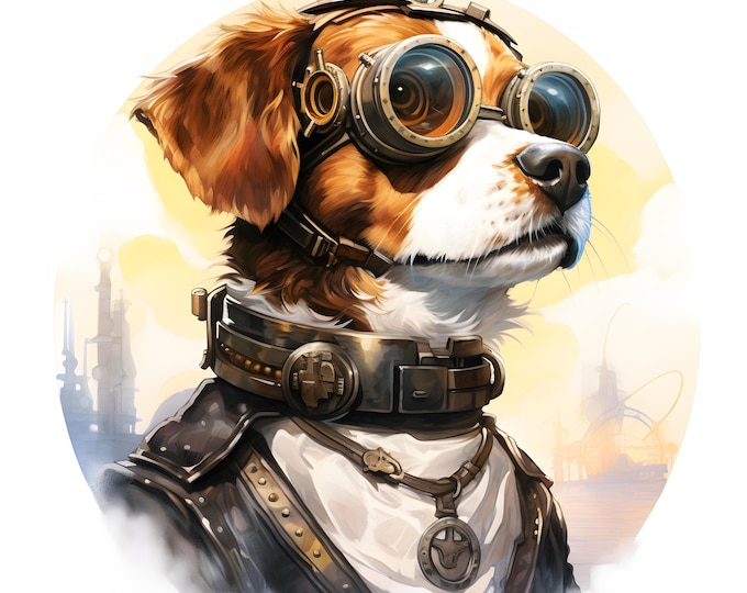 Steampunk Dog Clipart, Cyber Puppy Images, 10 Watercolor Clip Art, Printable JPGs, Instant Download, Commercial Use, Paper craft