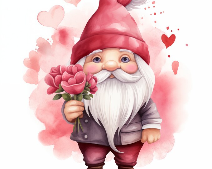 Valentines Gnome Clipart, Romantic Gnome Images, 10 Watercolor Clip Art, Printable JPGs, Instant Download, Commercial Use, Paper craft