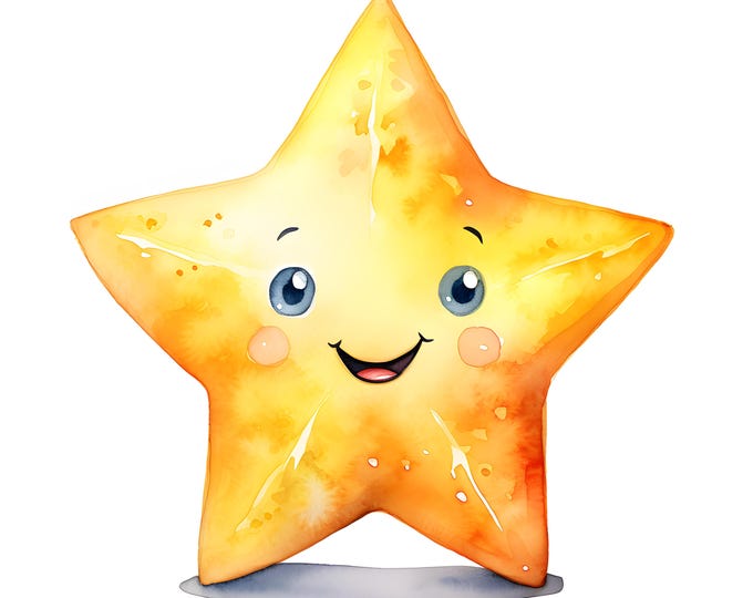 Star with Face Clipart, Cute Stars Images, 10 Watercolor Clip Art, Printable JPGs, Instant Download, Commercial Use, Paper craft