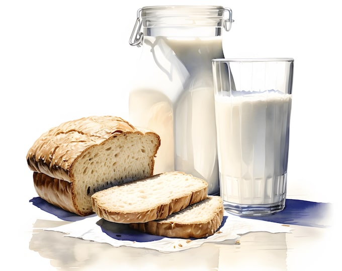 Milk And Breads Clipart, Dairy Images, 10 Watercolor Clip Art, Printable JPGs, Instant Download, Commercial Use, Paper craft