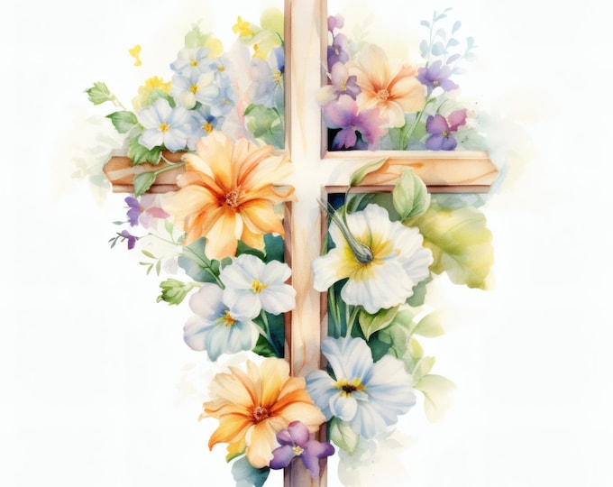 Floral Cross Clipart, Pink Blossom Images, 10 Watercolor Clip Art, Printable JPGs, Instant Download, Commercial Use, Paper Craft