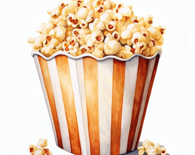 Popcorn Clipart, Bowl of Popcorn Images, 10 Watercolor Clip Art, Printable JPGs, Instant Download, Commercial Use, Paper craft