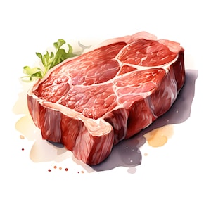 Steak Clipart, Beef Meat Images, 10 Watercolor Clip Art, Printable JPGs, Instant Download, Commercial Use, Paper craft
