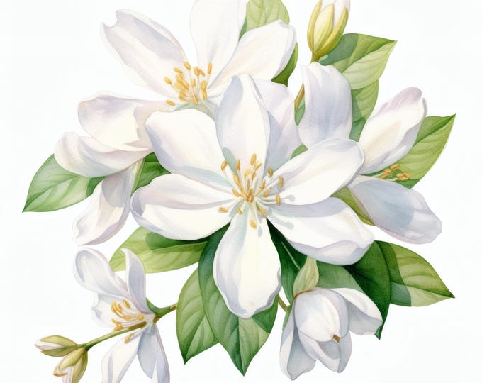 Jasmine Flowers Clipart, White Bloom Flowers Images, 10 Watercolor Clip Art, Printable JPGs, Instant Download, Commercial Use, Paper craft