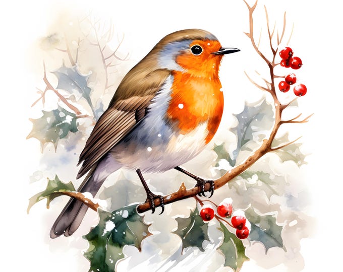 Winter Robin Clipart, Bird On Snowy Branch Images, 10 Watercolor Clip Art, Printable JPGs, Instant Download, Commercial Use, Paper craft