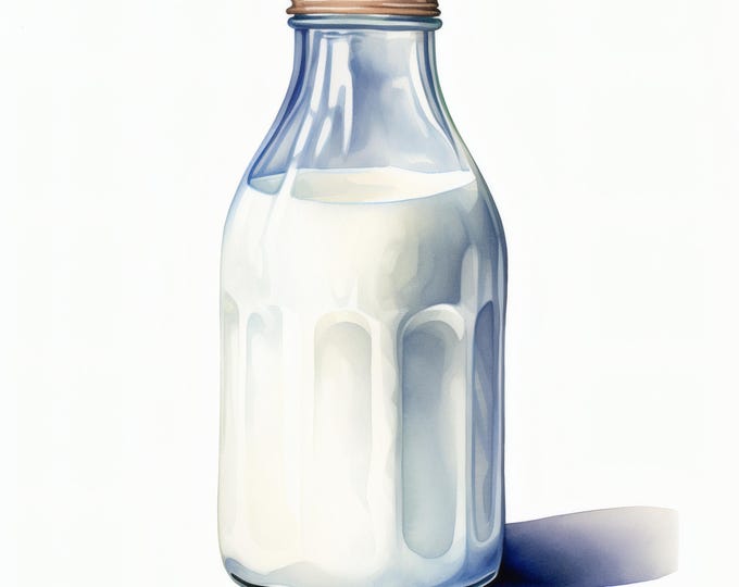 Milk Bottle Clipart, Dairy Drink Images, 10 Watercolor Clip Art, Printable JPGs, Instant Download, Commercial Use, Paper Craft