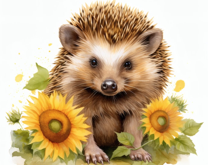 Hedgehog in Sunflower Clipart, Cute Hedgehog Images, 10 Watercolor Clip Art, Printable JPGs, Instant Download, Commercial Use, Paper Craft