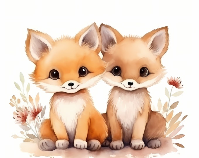Fox Couple Clipart, Baby Foxes Images, 10 Watercolor Clip Art, Printable JPGs, Instant Download, Commercial Use, Paper craft