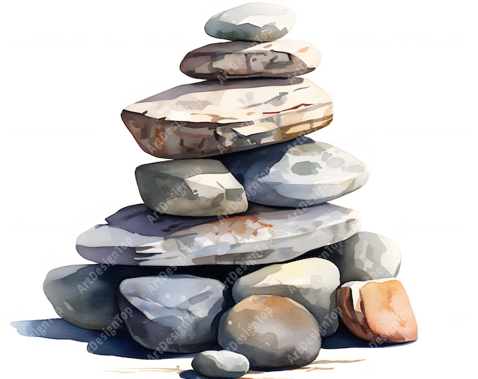 Stone Cairns Clipart, Zen Stones Images, 10 Watercolor Clip Art, Printable JPGs, Instant Download, Commercial Use, Paper craft