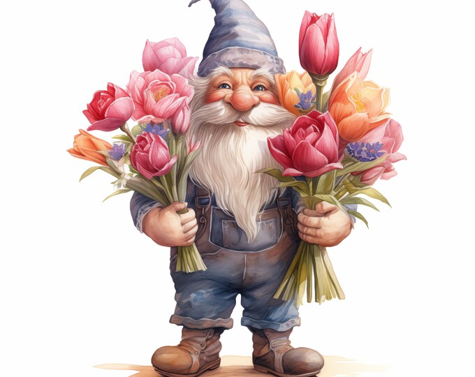 Floral Gnome Clipart, Gnome with Flowers Images, 10 Watercolor Clip Art, Printable JPGs, Instant Download, Commercial Use, Paper craft