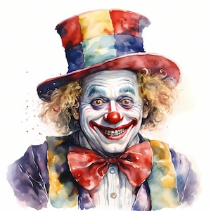 Imágenes de payaso aterrador, imágenes de payaso de Halloween, 10 imágenes de acuarela, archivos JPG imprimibles, descarga instantánea, uso comercial, manualidades de papel