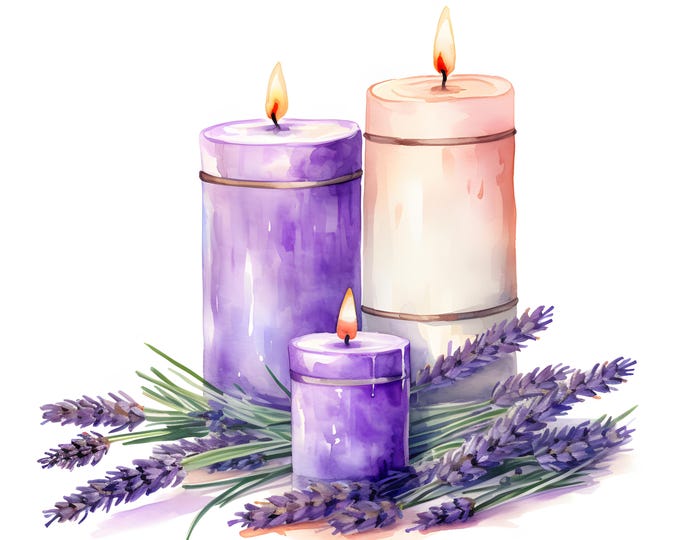 Lavender Candles Clipart, Candles With Lavender Images, 10 Watercolor Clip Art, Printable JPGs, Instant Download, Commercial Use