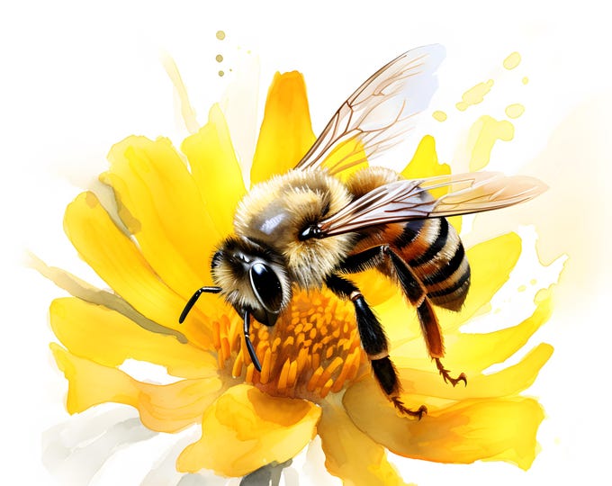 Floral Bee Clipart, Bee on Flowers Images, 10 Watercolor Clip Art, Printable JPGs, Instant Download, Commercial Use, Paper craft