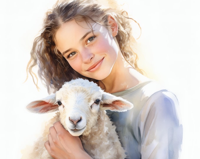 Girl and Lamb Clipart, Pastoral Scene Images, 10 Watercolor Clip Art, Printable JPGs, Instant Download, Commercial Use, Paper Craft