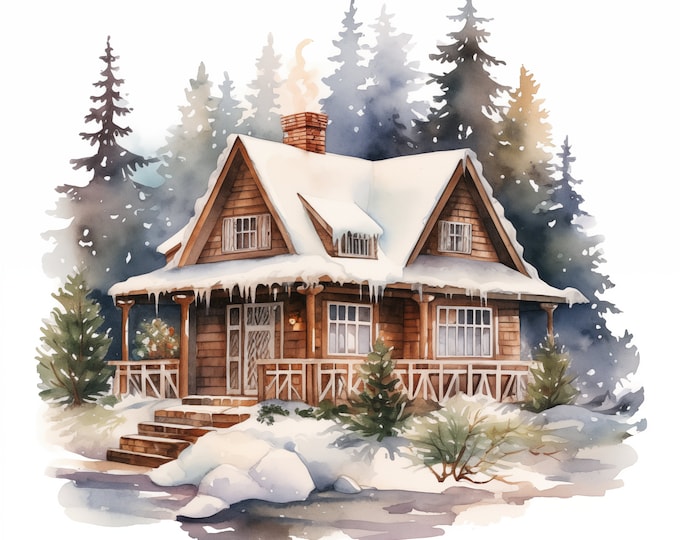 Winter House Clipart, Snow Cottage Images, 10 Watercolor Clip Art, Printable JPGs, Instant Download, Commercial Use, Paper craft