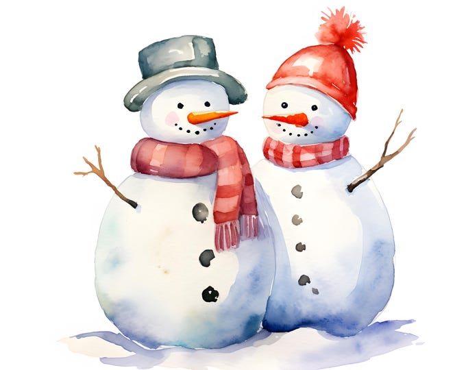 Snowmen Couple Clipart, Christmas Snowmen Images, 10 Watercolor Clip Art, Printable JPGs, Instant Download, Commercial Use, Paper craft
