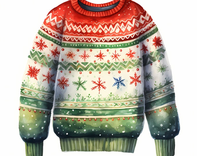 Christmas Sweater Clipart, Ugly Sweater Images, 10 Watercolor Clip Art, Printable JPGs, Instant Download, Commercial Use, Paper craft