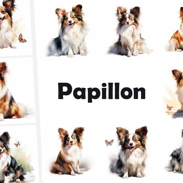 10 Papillon Dog, Continental Toy Spaniel Dog JPG, Watercolor Clipart, Digital Download, High Resolution, Commercial Use