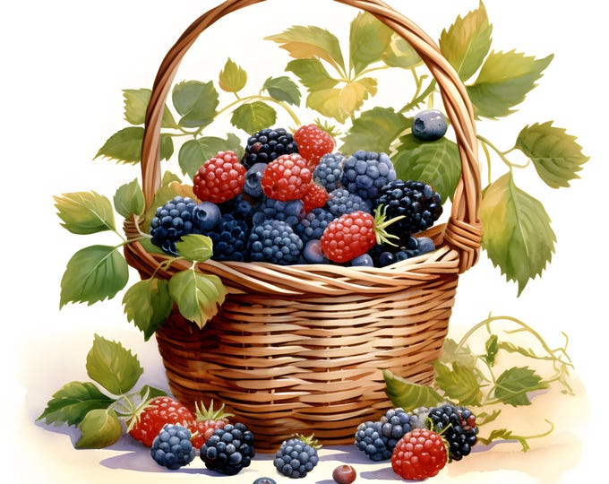 Wild Berries Clipart, Berries Basket Images, 10 Watercolor Clip Art, Printable JPGs, Instant Download, Commercial Use, Paper craft