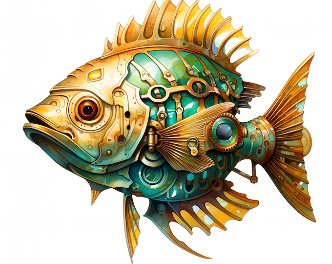 Steampunk Fish Clipart, Cyber Fish Images, 10 Watercolor Clip Art, Printable JPGs, Instant Download, Commercial Use, Paper craft