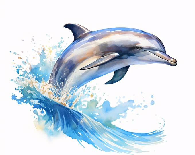 Watercolor Dolphin Clip Art: Jumping Dolphin JPG Images (Commercial Use, Digital Download)