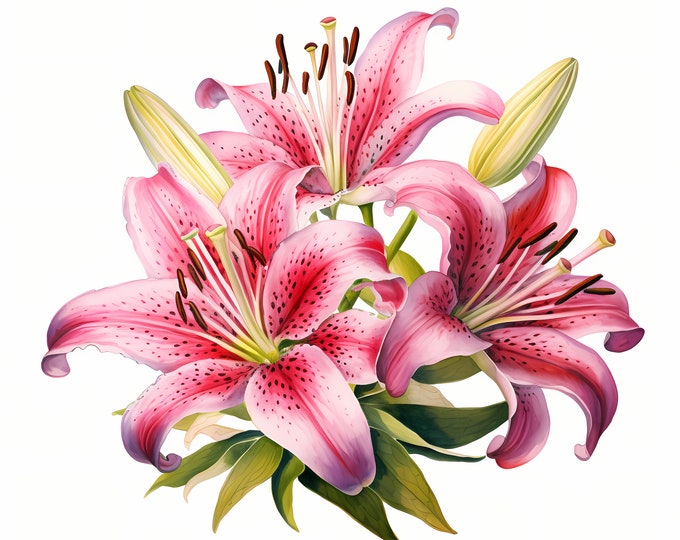 Stargazer Lily Clipart, Stargazer Lily Flowers Images, 10 Watercolor Clip Art, Printable JPGs, Instant Download, Commercial Use, Paper craft