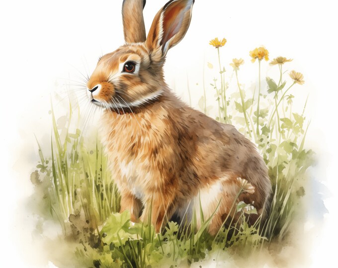Rabbit in Meadow Clipart, Meadow Rabbits Images, 10 Watercolor Clip Art, Printable JPGs, Instant Download, Commercial Use, Paper craft