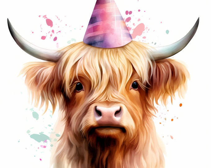 Highland Cow Clipart, Cow with Party Hat Images, 10 Watercolor Clip Art, Printable JPGs, Instant Download, Commercial Use, Paper craft